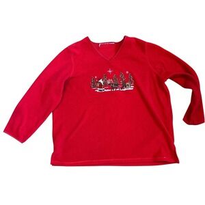 Vtg V‎ Neck Embroidered Santa with Reindeer Christmas Long Sleeve  Fleece Top XL